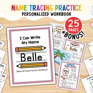 Puede incluir: Un cuaderno de práctica de trazado de nombres personalizado con el nombre "Belle" en la portada. El cuaderno incluye 25 páginas de contenido extra. La portada presenta el texto "I Can Write My Name" e ilustraciones de lápices.