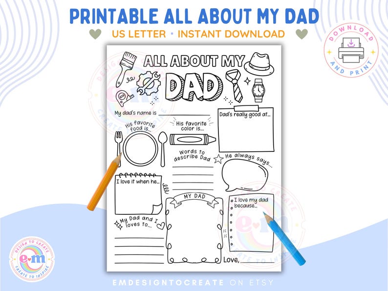 PRINTABLE All About My Dad, Father's Day Activity for Kids, Fill in the ...