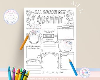 All About My Grammy PRINTABLE, Grammy Questionnaire, Mother's Day Gift for Grammy, Grandparents Day Activity for Kids, Coloring Page PDF