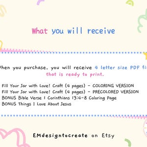 May include: A digital download graphic with text that reads "What you will receive." The text lists the contents of the download, including coloring pages and crafts. The design includes pastel colours and decorative elements.