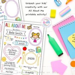 May include: Children's "All About Me" printable activity sheets with spaces to write name, age, favourite things, and ambitions. Includes colourful illustrations and text: "Unleash your kids' creativity with our All About Me printable activity!"