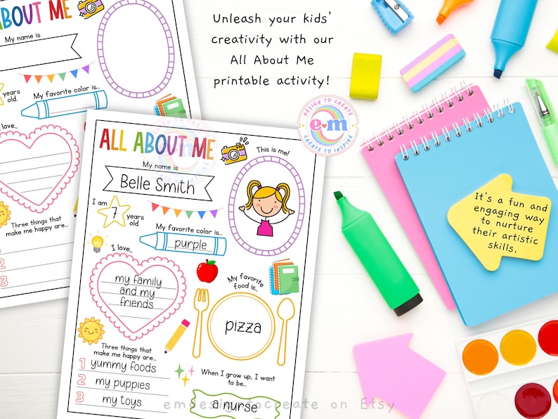 May include: Children's "All About Me" printable activity sheets with spaces to write name, age, favourite things, and ambitions. Includes colourful illustrations and text: "Unleash your kids' creativity with our All About Me printable activity!"