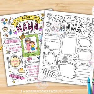 Puede incluir: Dos p&aacute;ginas para colorear imprimibles "Todo sobre mi Nana". Una est&aacute; coloreada con una imagen de una abuela y su nieta, la otra es un contorno en blanco. Ambas tienen secciones para completar con detalles personales.