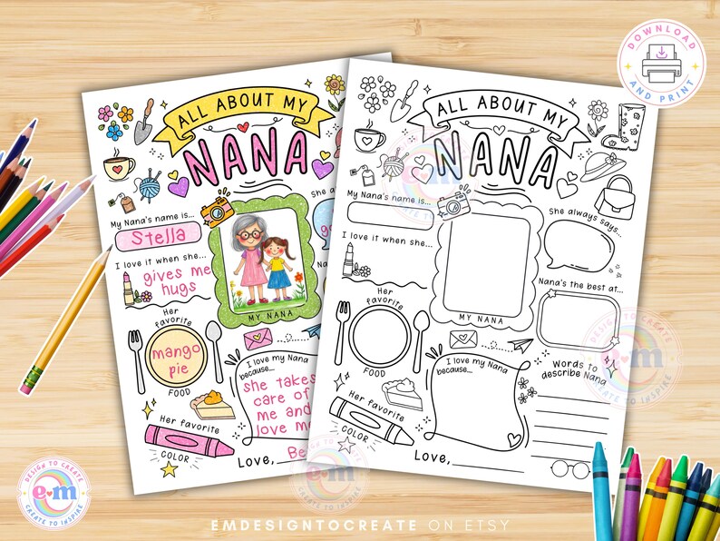 Puede incluir: Dos p&aacute;ginas para colorear imprimibles "Todo sobre mi Nana". Una est&aacute; coloreada con una imagen de una abuela y su nieta, la otra es un contorno en blanco. Ambas tienen secciones para completar con detalles personales.