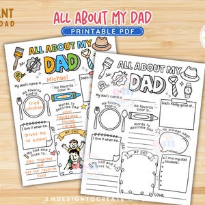 Puede incluir: Dos páginas PDF imprimibles con el título "Todo sobre mi papá". Las páginas tienen secciones para completar con detalles personales como comida favorita, color y cosas que el niño ama. Incluye ilustraciones de herramientas, comida y una corbata.
