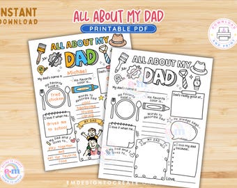 PRINTABLE All About My Dad, Father's Day Activity for Kids, Fill In The Blank Dad Questionnaire, Coloring Page Preschool Gift for Daddy