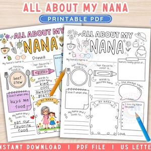 All About My Nana PRINTABLE, Nana Questionnaire, Grandparents Day Gift for Nana, Mother&#39;s Day Activity for Kids, Coloring Page Keepsake Kids