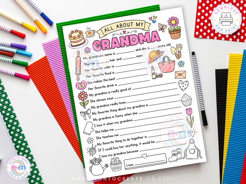 Allt om min mormor utskrivbar, aktivitet för barn med mors dag, frågeformulär för mormor att fylla i målarbild, present till mormor som minne (PDF) bild 6