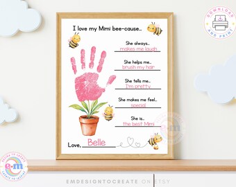 Mimi Handprint Flower Craft Printable, Mother's Day Gift I Love My Mimi Because Handprint Art, Kids DIY Keepsake (Digital Download PDF)