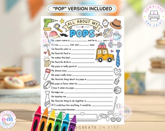 All About My Pops Printable Coloring Page, Kids Father's Day Activity, Pops Questionnaire Fill In Sheet, Gift for Pops Keepsake (PDF)