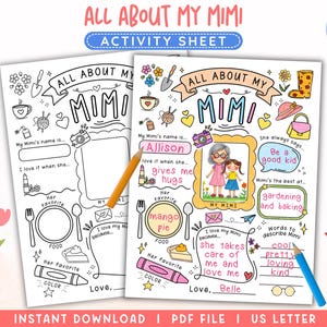 All About My Mimi PRINTABLE, Mother&#39;s Day Activity for Kids, Grandparents Day Gift, Mimi Questionnaire, Gift for Mimi from Grandkids