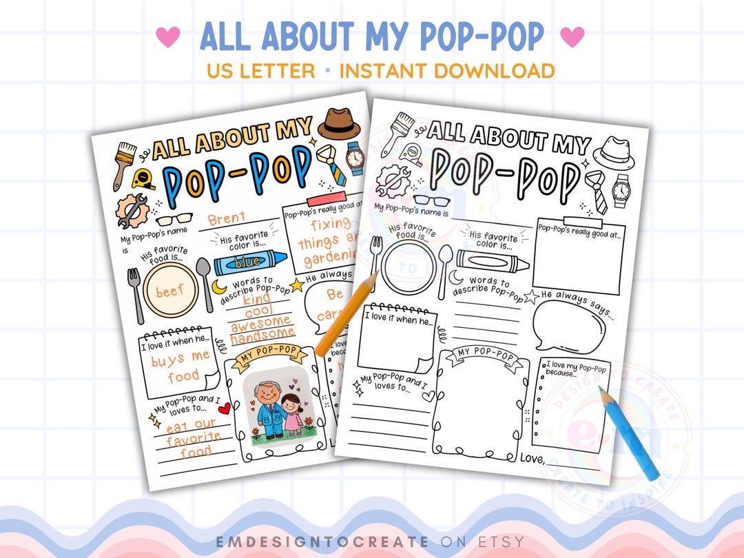 All About My Pop Pop PRINTABLE, Father's Day Activity for Kids, Pop Pop ...