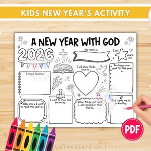 May include: Black and white printable activity sheet titled "A New Year With God" for kids, featuring fill-in sections for 2026, a cross, a heart, and a star. Includes a set of colorful crayons.