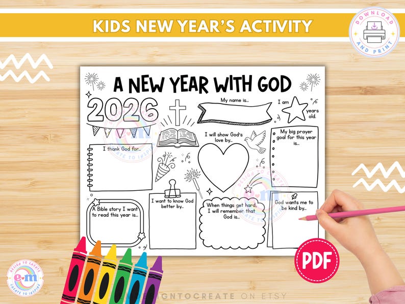 May include: Black and white printable activity sheet titled "A New Year With God" for kids, featuring fill-in sections for 2026, a cross, a heart, and a star. Includes a set of colorful crayons.