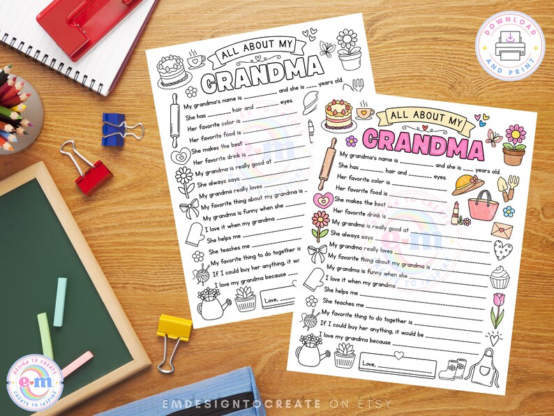 Allt om min mormor utskrivbar, aktivitet för barn med mors dag, frågeformulär för mormor att fylla i målarbild, present till mormor som minne (PDF) bild 7