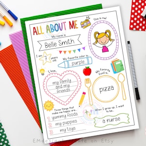 May include: A colourful "All About Me" printable worksheet featuring the name "Belle Smith" and a drawing of a girl. The worksheet includes sections for age, favourite colour (purple), favourite food (pizza), and future career (a nurse).
