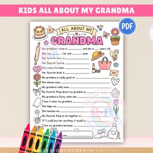 Allt om min mormor utskrivbar, aktivitet för barn med mors dag, frågeformulär för mormor att fylla i målarbild, present till mormor som minne (PDF) bild 1