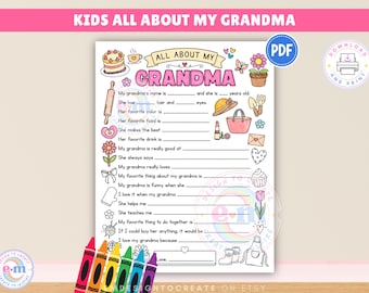 All About My Grandma Printable, Kids Mother's Day Activity, Grandma Questionnaire Fill In Coloring Page, Gift for Grandma Keepsake (PDF)