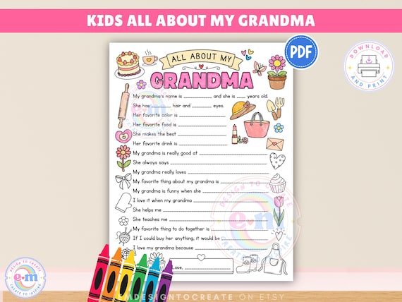 All About My Grandma Printable, Kids Mother's Day Activity, Grandma Questionnaire Fill In Coloring Page, Gift for Grandma Keepsake (PDF)