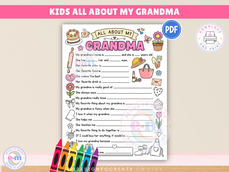 Allt om min mormor utskrivbar, aktivitet för barn med mors dag, frågeformulär för mormor att fylla i målarbild, present till mormor som minne (PDF) bild 1