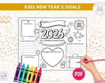New Year's Resolution Printable for Kids: 2026 New Year Goals Setting Worksheet, Kids Activity Coloring Page, Digital Download PDF