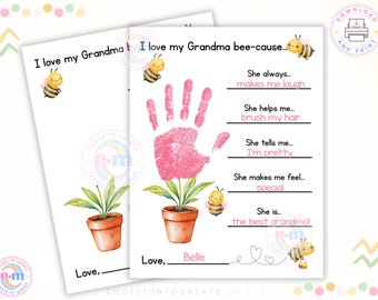 I Love My Grandma Because Mother's Day Handprint Craft, Printable Flower Handprint Art Gift for Grandma, Kids DIY Keepsake (PDF)
