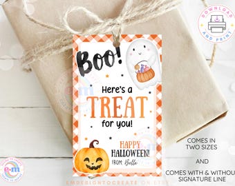 Boo Halloween Gift Tags Printable, Here's A Treat for You Favor Tags, Treat Tags for Kids Students, Teacher Classroom Trick or Treat, PDF