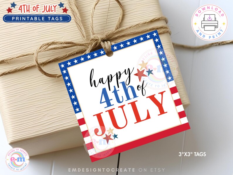 May include: A gift tag with a patriotic theme. The tag features the text "Happy 4th of July" in red, white, and blue, with stars and stripes. The tag is 3"x3" and is attached to a wrapped gift with twine.