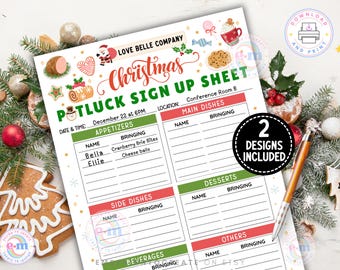 Op de afbeelding: Een kerstpotluck-inschrijfformulier met feestelijke illustraties en tekst. Het formulier bevat secties voor hapjes, hoofdgerechten, desserts en drankjes. Het ontwerp bevat de tekst "2 Designs Included".