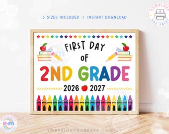 Druckbares Schild für den ersten Schultag der 2. Klasse, Foto-Requisite für den Schulanfang (Schuljahr 2026/27), Sofort-Download