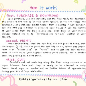 May include: A digital download graphic with instructions on how to purchase, download, print, and cut tags. The text is in a light blue box with a dotted border, with decorative stars, hearts, and swirls. The Etsy shop name is also included.