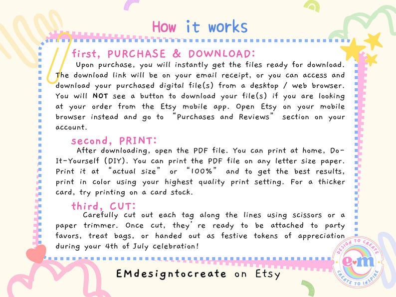 May include: A digital download graphic with instructions on how to purchase, download, print, and cut tags. The text is in a light blue box with a dotted border, with decorative stars, hearts, and swirls. The Etsy shop name is also included.