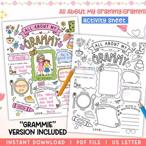 Puede incluir: Hojas de actividades PDF imprimibles tituladas "All About My Grammy/Grammie". Las hojas presentan secciones para completar, ilustraciones y el texto "Grammie Version Included". Las hojas están diseñadas para que los niños las completen y tienen el tamaño US Letter.