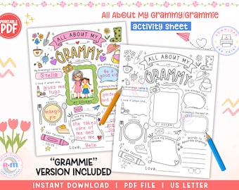 All About My Grammy PRINTABLE, Grammy Questionnaire, Mother's Day Gift for Grammy, Grandparents Day Activity for Kids, Grammie Coloring Page