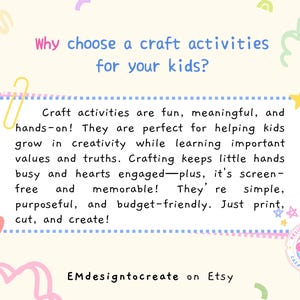 May include: A pastel-colored graphic promoting craft activities for children. The text highlights the benefits of crafting, such as creativity and learning. The image includes decorative elements and the Etsy shop name "EMdesigntocreate".