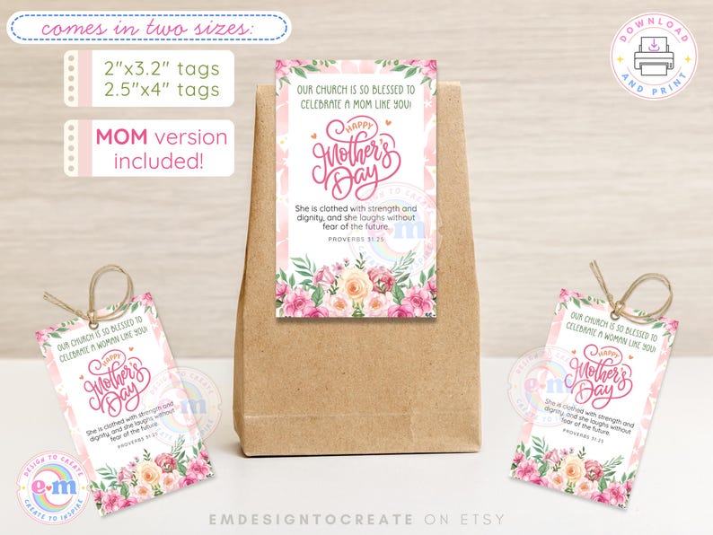 Puede incluir: Una bolsa de papel marr&oacute;n con una etiqueta de regalo del D&iacute;a de la Madre adjunta. La etiqueta presenta un dise&ntilde;o floral con el texto "Happy Mother's Day". La etiqueta est&aacute; disponible en dos tama&ntilde;os: 5,08 cm x 8,13 cm y 6,35 cm x 10,16 cm. Se incluye la versi&oacute;n "MOM".