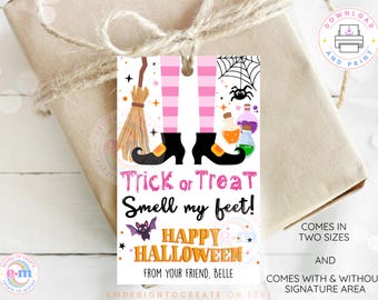 Halloween Trick or Treat Smell My Feet Gift Tags, Printable Pink Witch Legs Favor Tags, Kids School Halloween Party Girl Pinkoween Treat Tag