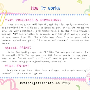 May include: A colourful graphic with text explaining how to download and print a digital file purchased on Etsy. The text is in a playful font and includes instructions for printing at home. The image is decorated with pastel colours and decorative elements.