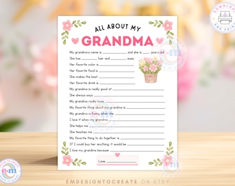 All About My Grandma Printable for Kids, Mother's Day Questionnaire, Grandma Interview Fill In The Blank Activity Page, Gift for Grandma