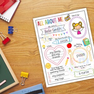 May include: A colourful "All About Me" printable worksheet with the name "Belle Smith" and space to fill in personal details. Includes illustrations of a camera, a girl, a crayon, a heart, a fork, a spoon, and a pizza.