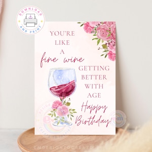 Cartão de aniversário floral para impressão para ela, cartão de aniversário adulto para mulher, cartão de aniversário elegante para mãe, cartão de aniversário rosa, DOWNLOAD INSTANTÂNEO