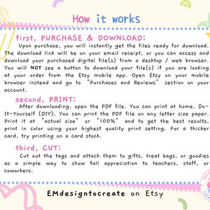 May include: A colourful graphic with text explaining how to download, print, and cut digital files purchased on Etsy. The text is in a light blue box with a dotted border, and the background is decorated with doodles and the Etsy shop name.
