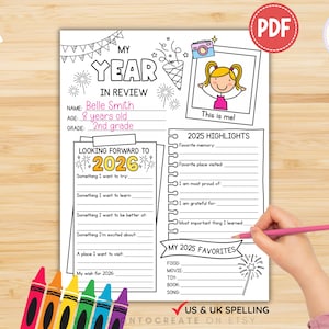 Buoni propositi per il nuovo anno stampabili per bambini: scheda di lavoro per la revisione dell'anno 2025 e gli obiettivi per il 2026, pagina da colorare per bambini in formato PDF digitale.
