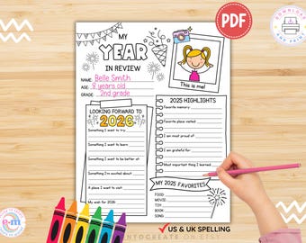 New Year's Resolution Printable for Kids: 2025 Year in Review and 2026 Goals Worksheet, Kids New Year's Activity Coloring Page Digital PDF