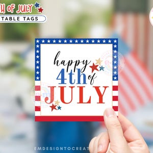 May include: A square printable tag with a patriotic theme. The design features the text "happy 4th of JULY" in red and blue, with star accents. The tag is held by a hand, with an American flag in the background.