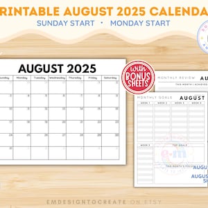 PRINTABLE August 2025 Calendar, August Month Planner Sheet, Minimalist Monthly Calendar PDF, Sunday Start Monday Start, Instant Download