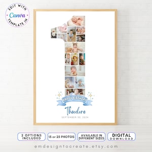 MODÈLE MODÈLE 1er anniversaire, collage photo numéro 1, panneau bleu de fête d'anniversaire bébé garçon 1 an, joli modèle de collage affiche première année