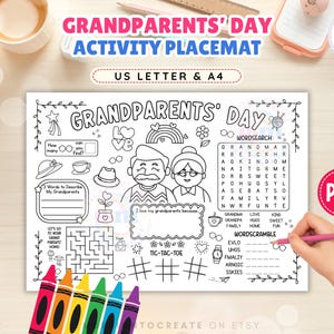 May include: A black and white printable Grandparents' Day activity placemat featuring a word search, word scramble, tic-tac-toe, a maze, and writing prompts. The sheet includes illustrations of an elderly couple, hearts, and flowers.