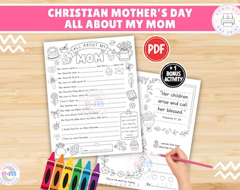 Christian All About My Mom Printable, Mother’s Day Bible Activity for Kids, I Love My Mom Coloring Page, Sunday School Keepsake Gift