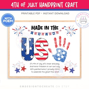 4th of July Handprint Craft Art for Kids, PRINTABLE Made in the USA Handprint Poem, Fourth of July Independence Day Art Toddler Preschool